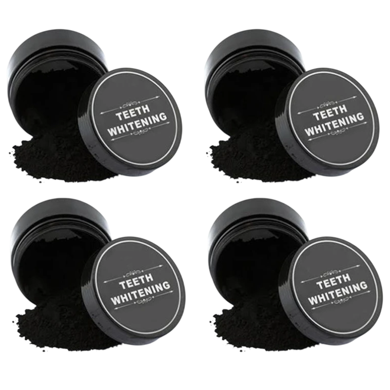 Four containers of black teeth whitening powder, each labeled \“TEETH WHITENING,\“ with some powder spilled beside each open container.