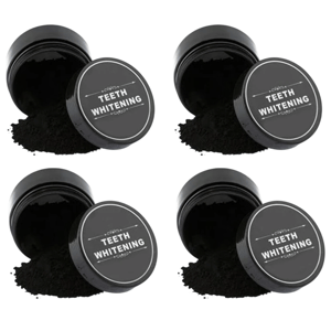 Four containers of black teeth whitening powder, each labeled \“TEETH WHITENING,\“ with some powder spilled beside each open container.