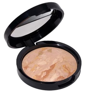 A compact of marbled face powder with a mirrored lid, featuring light and warm tones.