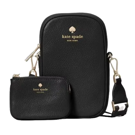 Black leather Kate Spade New York crossbody bag set with a small coin pouch, featuring gold hardware and logo.