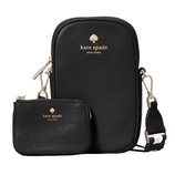 Black leather Kate Spade New York crossbody bag set with a small coin pouch, featuring gold hardware and logo.