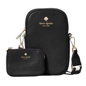 Black leather Kate Spade New York crossbody bag set with a small coin pouch, featuring gold hardware and logo.