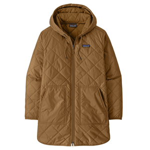 Brown quilted hooded jacket with a zip-up front, featuring patch pockets and a small logo on the chest.