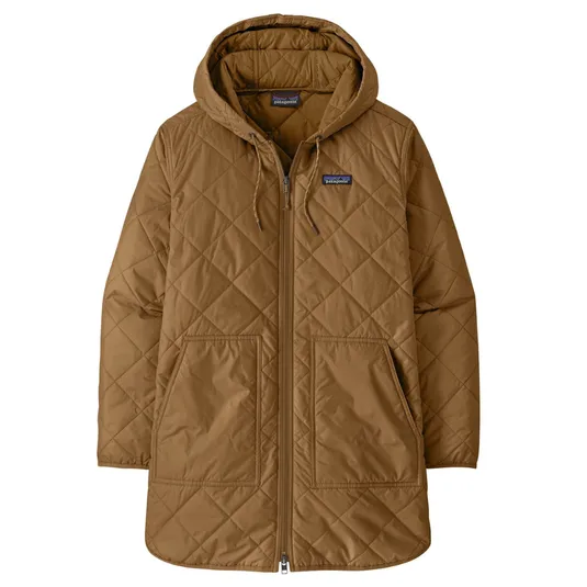 Brown quilted hooded jacket with a zip-up front, featuring patch pockets and a small logo on the chest.