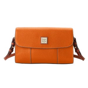 Orange crossbody leather bag with pebbled texture and a rectangular flap, featuring an adjustable strap and a Dooney & Bourke logo on the front.