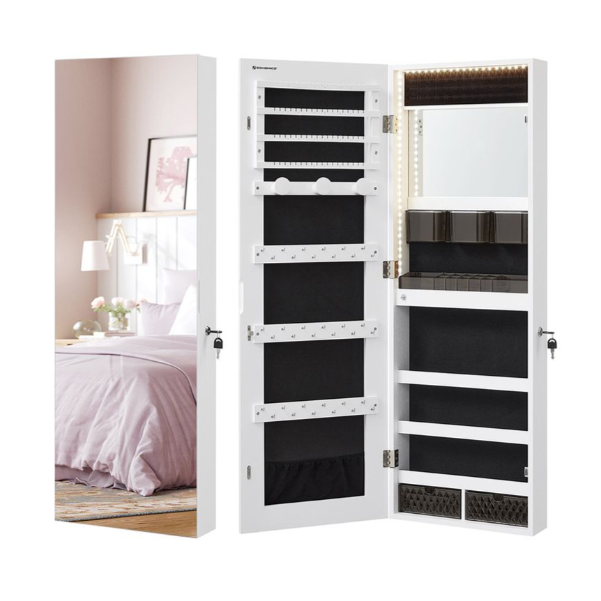 A white wall-mounted jewelry cabinet with a full-length mirror, LED lighting, and multiple storage compartments for organizing jewelry and accessories.
