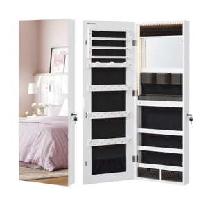 A white wall-mounted jewelry cabinet with a full-length mirror, LED lighting, and multiple storage compartments for organizing jewelry and accessories.