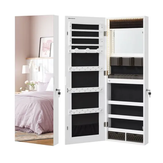 A white wall-mounted jewelry cabinet with a full-length mirror, LED lighting, and multiple storage compartments for organizing jewelry and accessories.