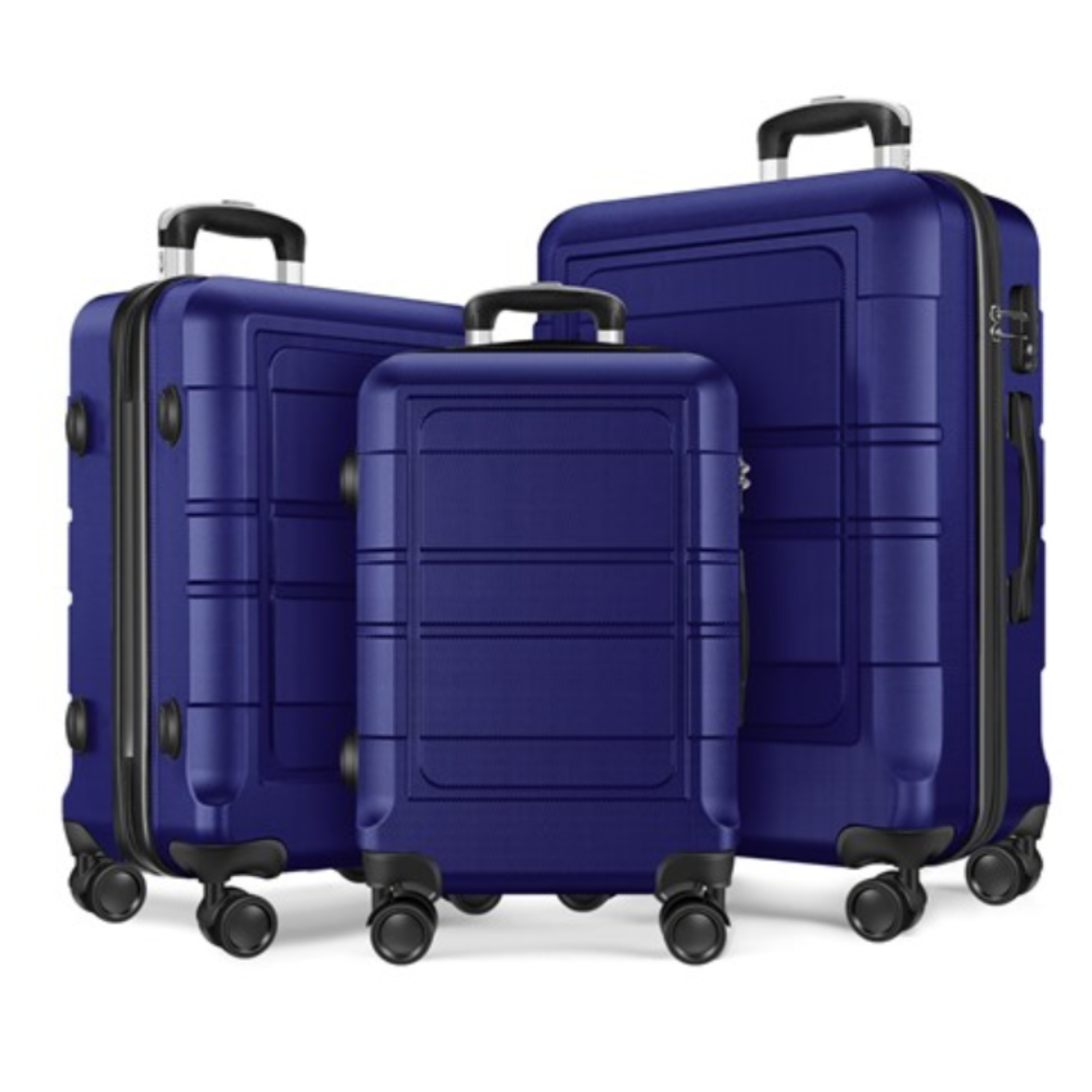 Three blue hard-shell suitcases with telescoping handles and spinner wheels, available in increasing sizes.
