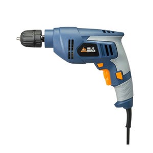 A Blue Ridge corded electric drill with a blue and gray design, featuring orange accents on the trigger and other controls.