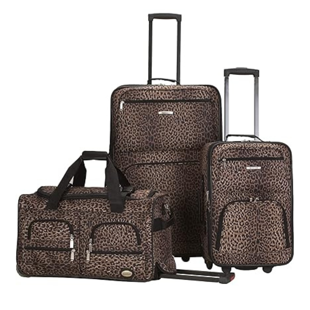 Leopard print luggage set featuring a large suitcase, a smaller carry-on, and a duffel bag. Each piece comes with wheels and retractable handles for easy transport.