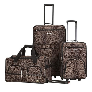 Leopard print luggage set featuring a large suitcase, a smaller carry-on, and a duffel bag. Each piece comes with wheels and retractable handles for easy transport.
