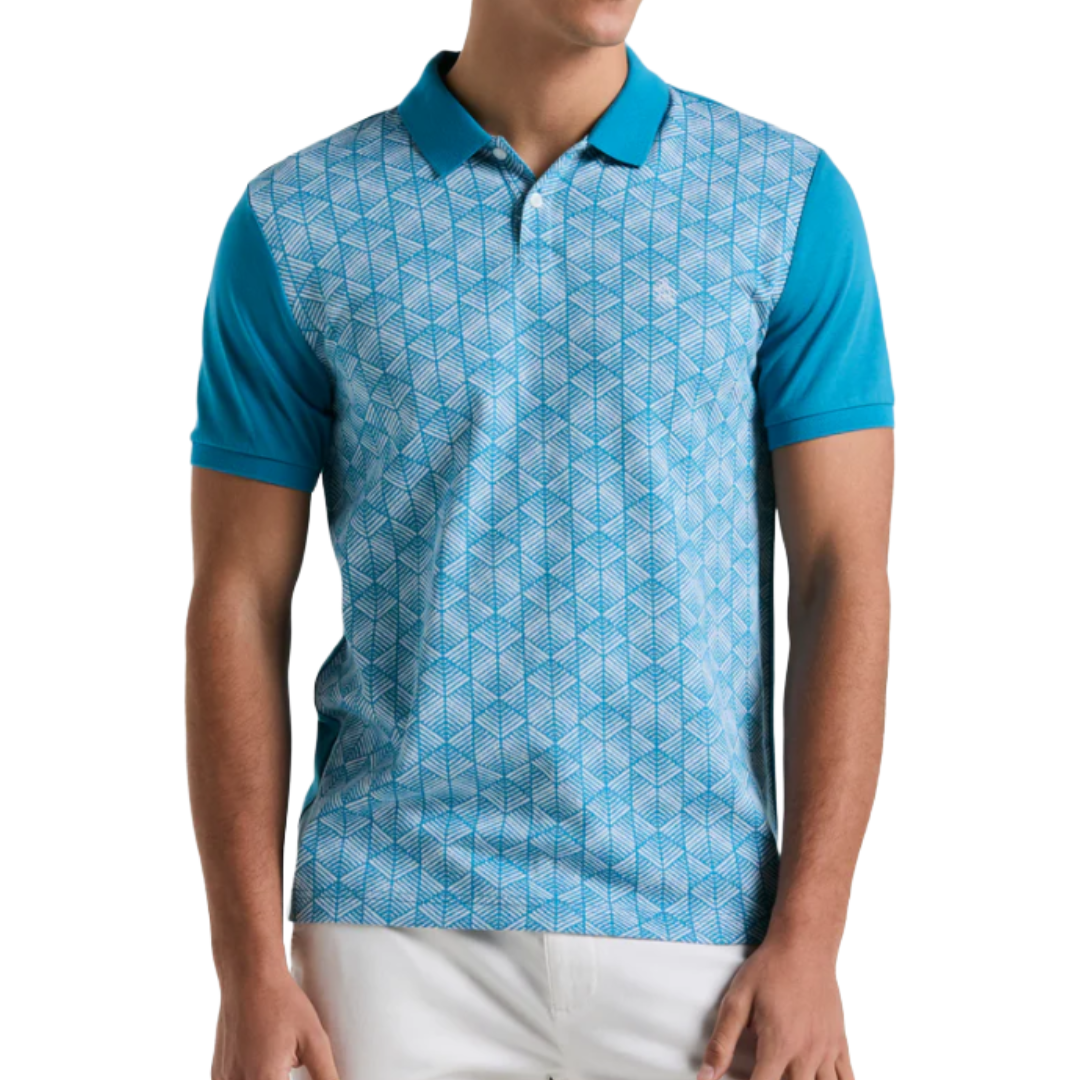 A short-sleeve polo shirt featuring a turquoise geometric pattern on the front with solid turquoise sleeves and collar, paired with white pants.