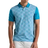 A short-sleeve polo shirt featuring a turquoise geometric pattern on the front with solid turquoise sleeves and collar, paired with white pants.