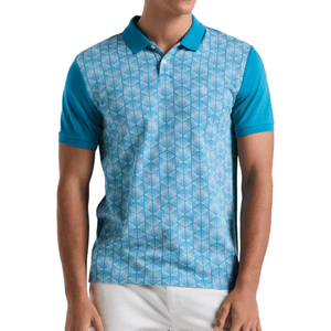 A short-sleeve polo shirt featuring a turquoise geometric pattern on the front with solid turquoise sleeves and collar, paired with white pants.