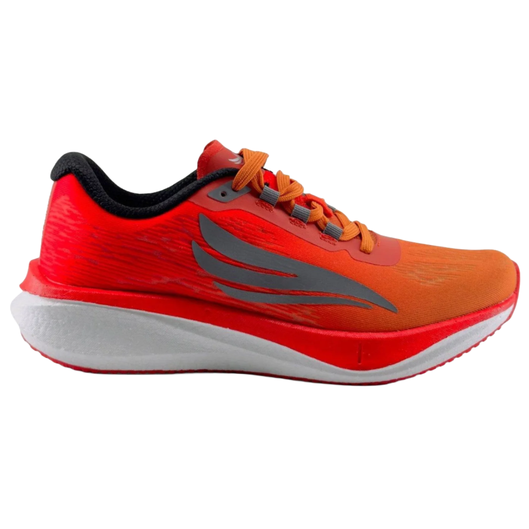 A bright orange and red running shoe with a sleek design, featuring a gray wing-like logo, black inner lining, orange laces, and a white cushioned sole.
