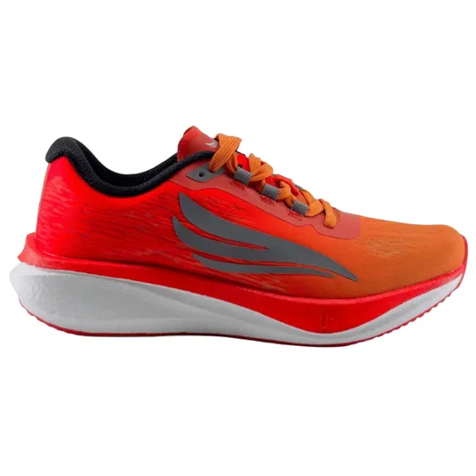 A bright orange and red running shoe with a sleek design, featuring a gray wing-like logo, black inner lining, orange laces, and a white cushioned sole.