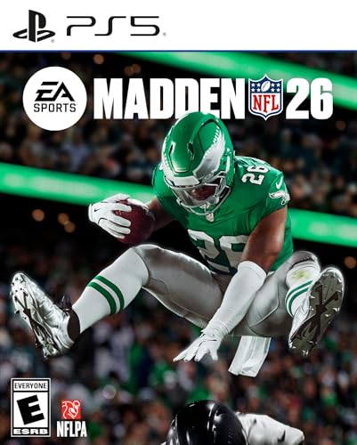 PS5 game cover for \“Madden NFL 26\“ by EA Sports, featuring a football player in a green uniform leaping with a football.