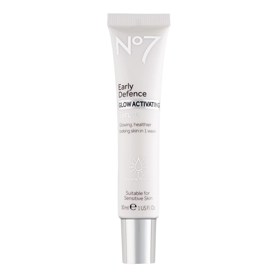 No7 Early Defence Glow Activating Serum, 30ml, claims to provide glowing, healthier-looking skin in one week and is suitable for sensitive skin.