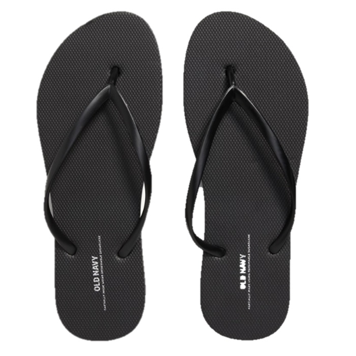 Black flip-flops with textured soles and slim straps, featuring the Old Navy logo.