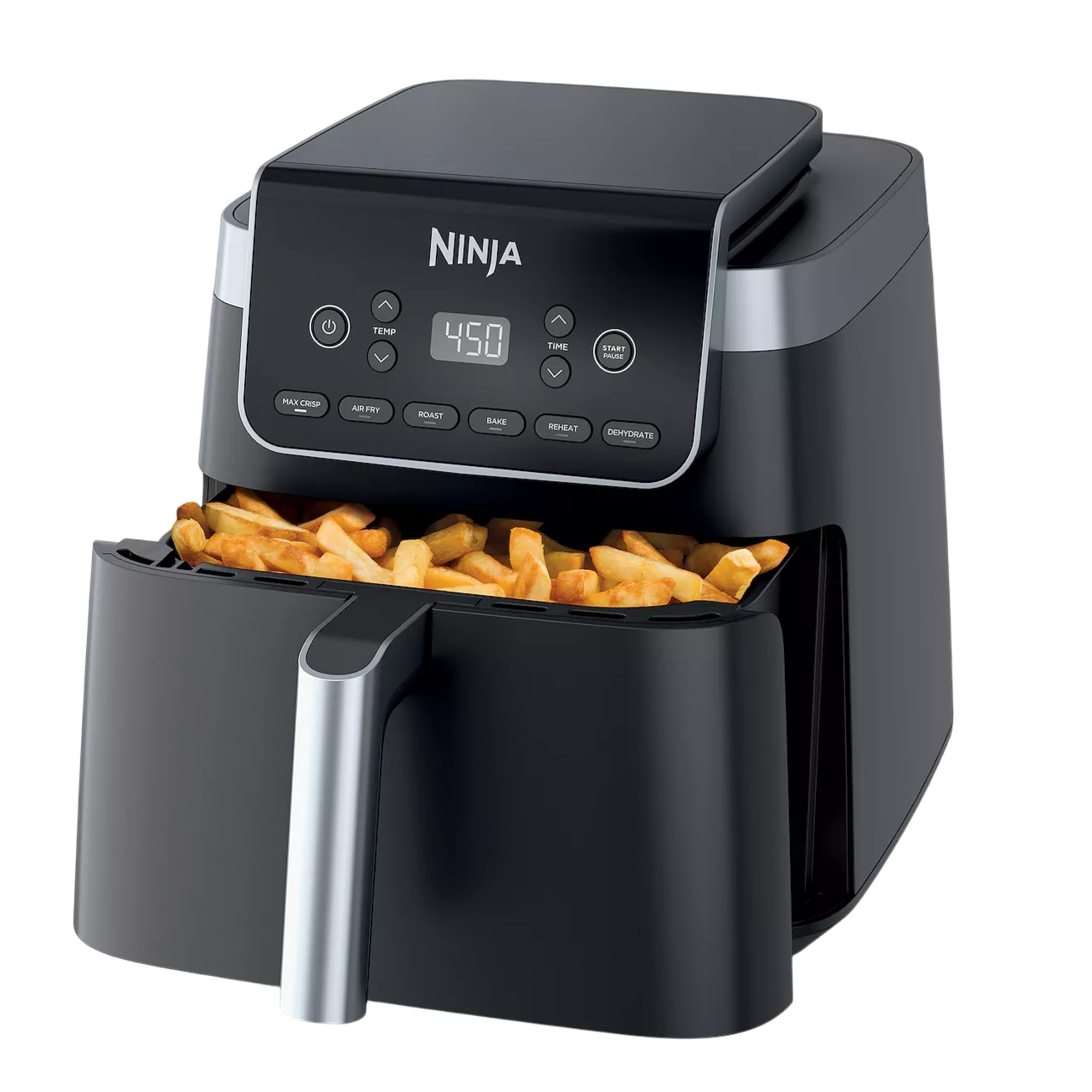 A Ninja air fryer with digital controls, displaying 450 degrees Fahrenheit on the screen, is filled with French fries.