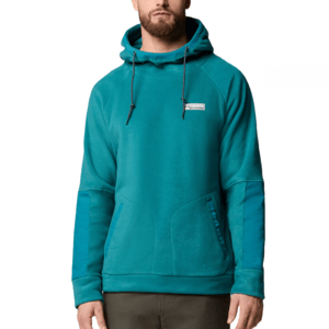 A teal fleece hoodie with a drawstring hood and kangaroo pocket, featuring contrasting elbow patches and a small logo patch on the chest.