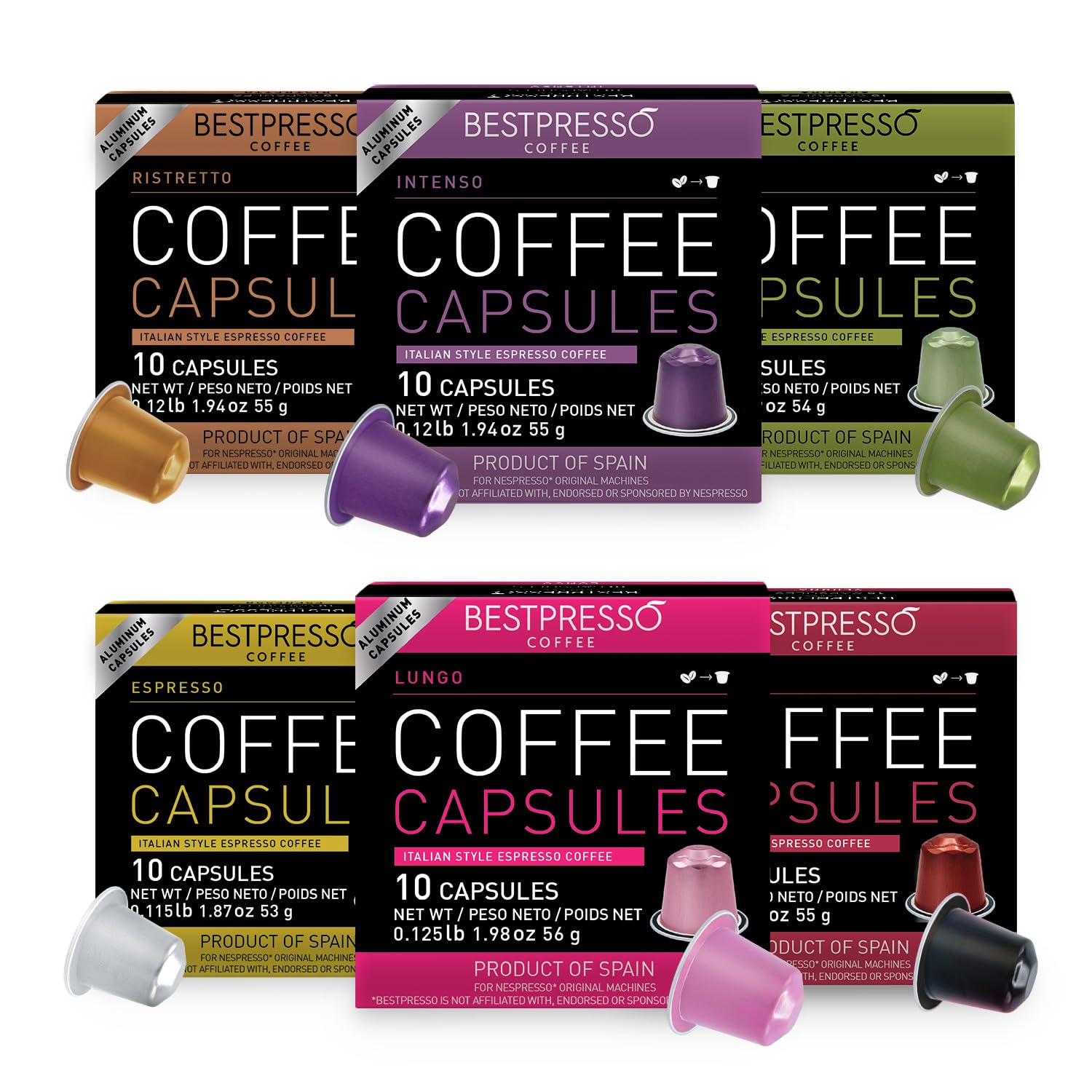 Variety of Bestpresso coffee capsules including Ristretto, Intenso, Espresso, and Lungo flavors, each box containing 10 capsules.