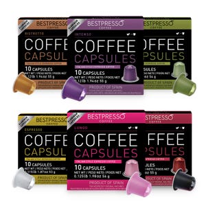 Variety of Bestpresso coffee capsules including Ristretto, Intenso, Espresso, and Lungo flavors, each box containing 10 capsules.