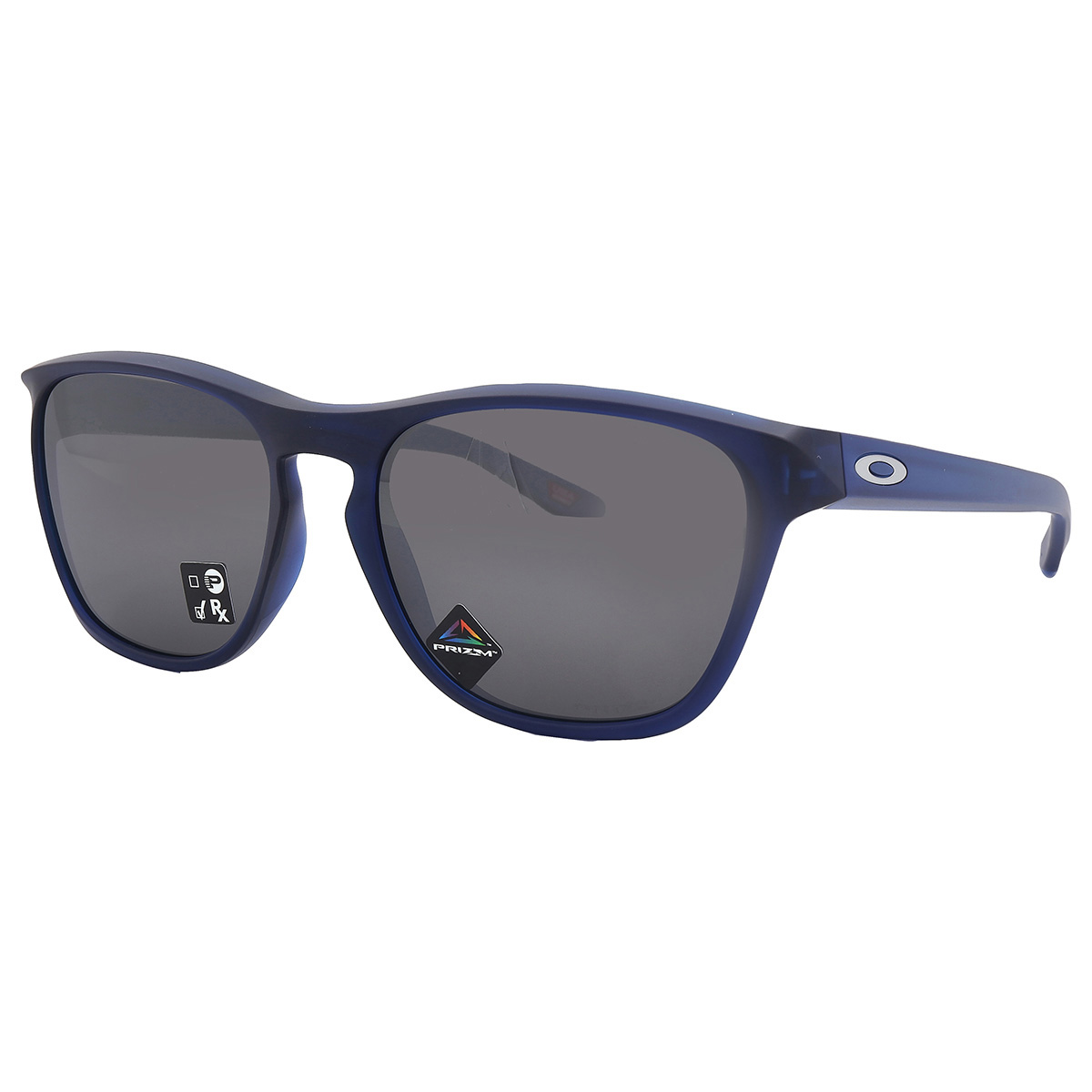 Oakley Men's Manorburn Prizm Sunglasses feature a sleek dark blue frame with rectangular lenses. They have a small metal Oakley logo on the temples and a Prizm sticker on the lens, enhancing visual clarity and contrast.
