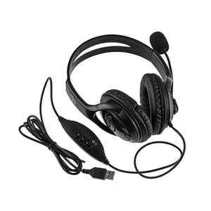 A black USB headset with over-ear cushioned ear cups, an adjustable microphone, and an inline volume control.