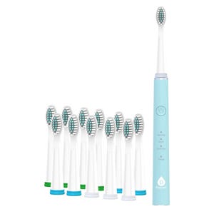 Electric toothbrush set with a light blue handle and eight replacement brush heads, featuring modes for normal, super, and gum care.