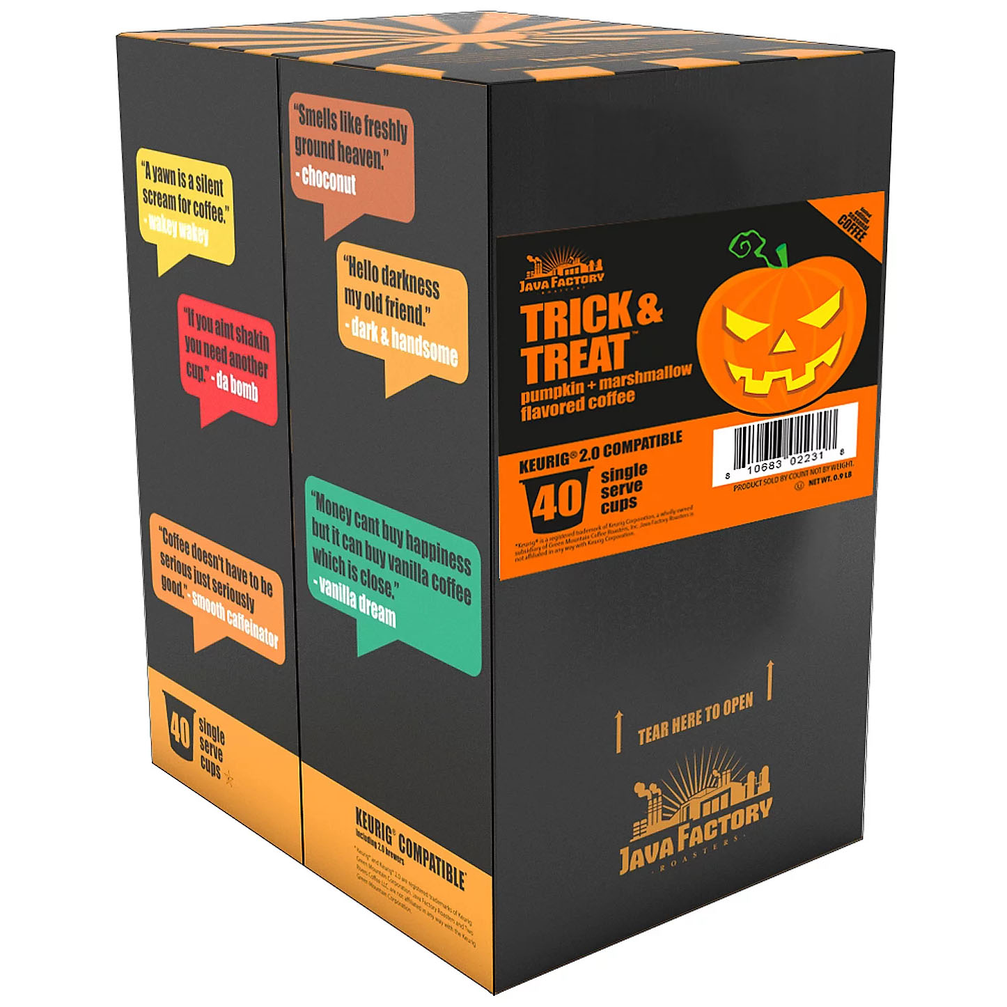 Java Factory Trick & Treat, pumpkin + marshmallow flavored coffee, 40 Keurig 2.0 compatible single-serve cups. Features humorous quotes about coffee on the packaging.