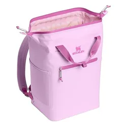 A pink Stanley backpack with zipper closure, padded straps, and external side pocket.
