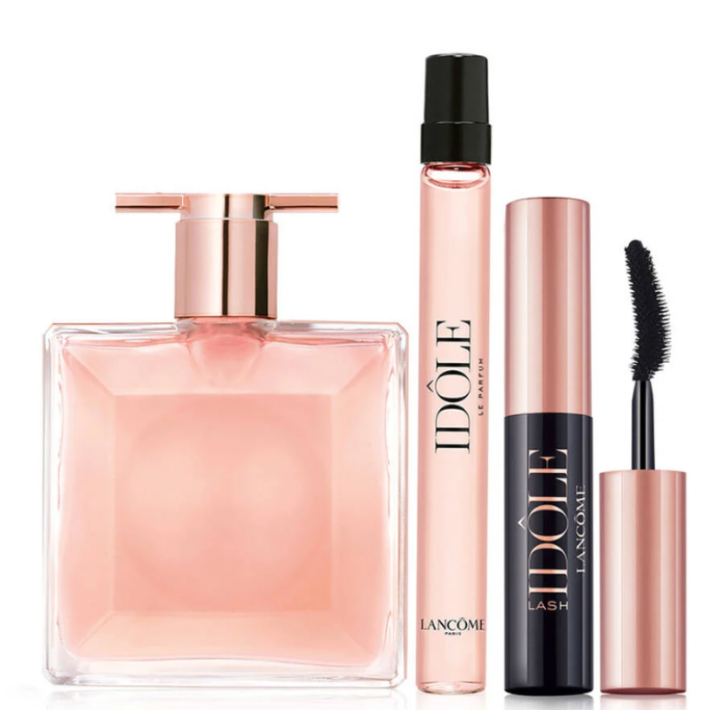 Lancome Holiday Traveler Gift Set includes Idôle Le Parfum in a clear, rose-tinted bottle and spray, and Idôle Lash Mascara in a black and rose-gold tube with a curved brush.
