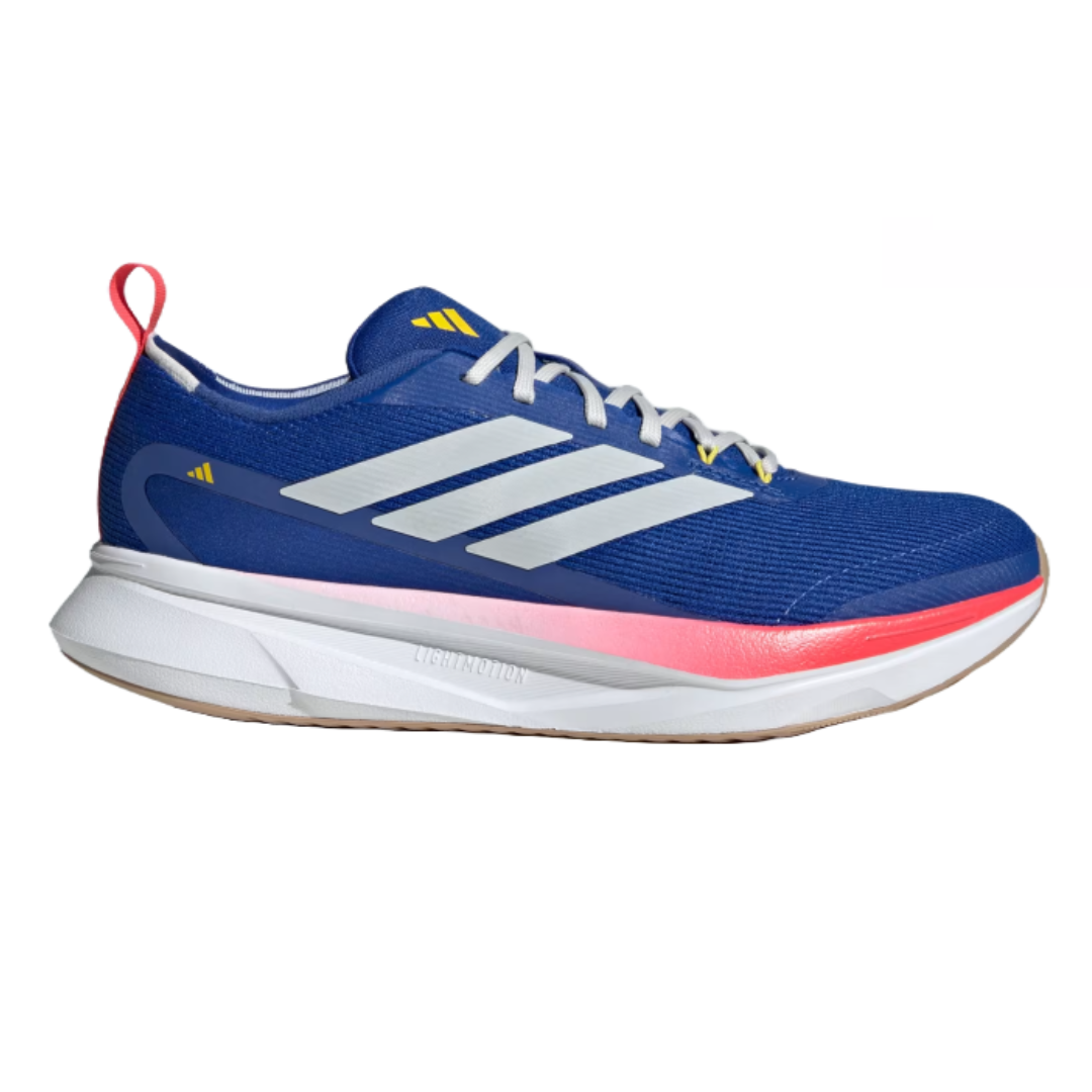 The Adidas Men's Jogit Runners feature a blue upper, white lace-up design, pink midsole accent, and distinctive three-stripe branding on the side. The shoe includes a white cushioned sole for added comfort during running.