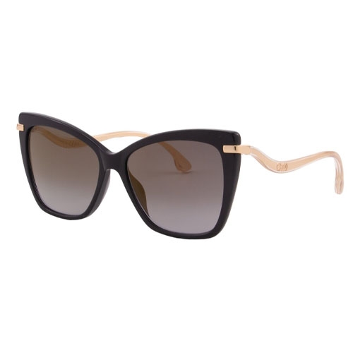 Black cat-eye sunglasses with gradient lenses and gold-toned arms featuring a subtle logo detail.
