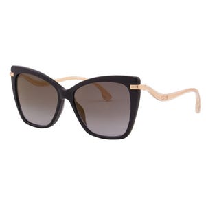Black cat-eye sunglasses with gradient lenses and gold-toned arms featuring a subtle logo detail.