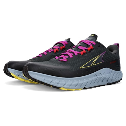 The Altra Outroad Women's Shoe features a black design with purple laces and yellow accents, a textured sole for traction, and a sleek, cushioned build for comfort.