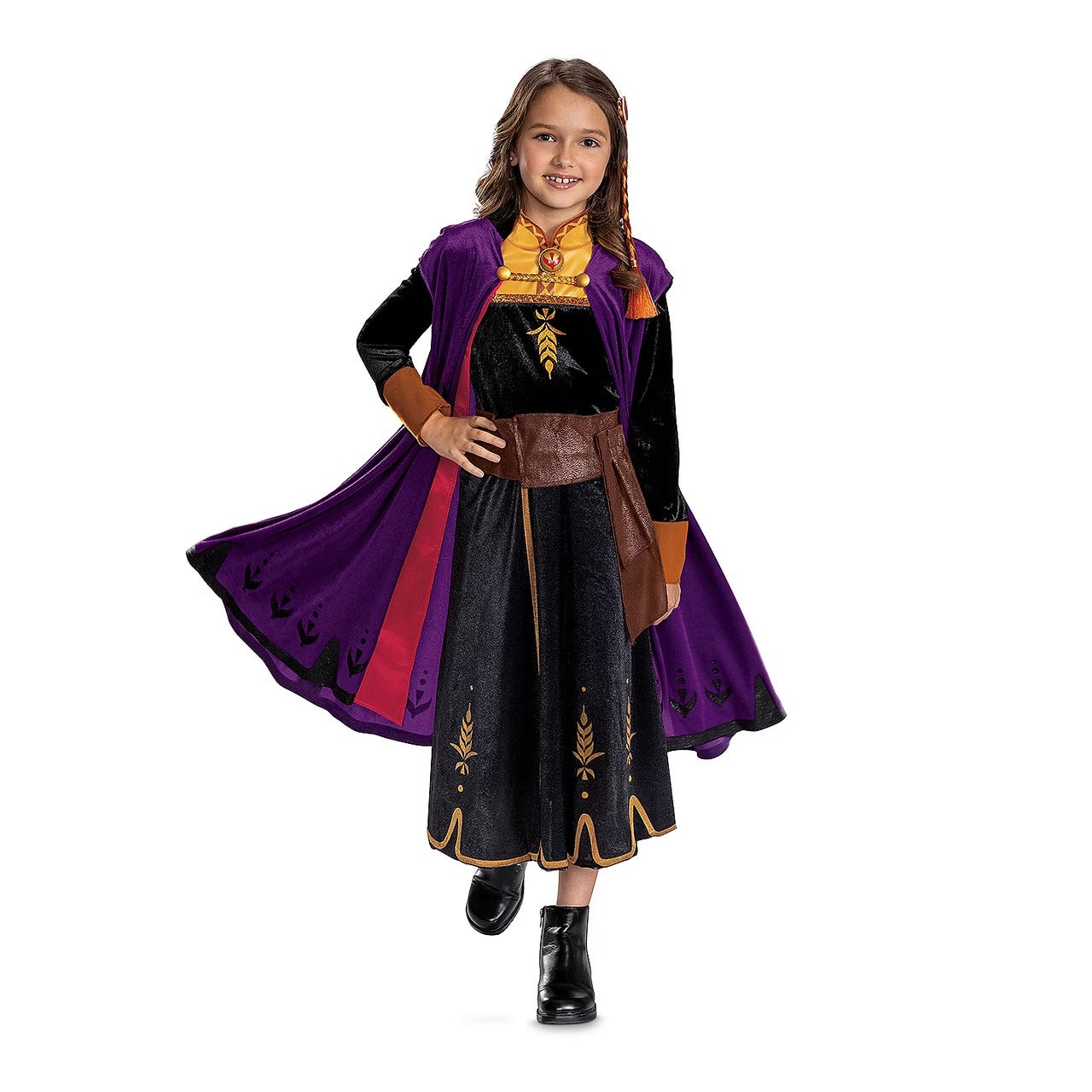 Child in a purple and black Anna costume from Disney's Frozen with a cape and boots.