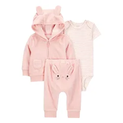 A three-piece baby outfit set featuring a pink hooded jacket with bear ears, matching pink pants with an embroidered face and ears, and a pink-and-white striped short-sleeve bodysuit.