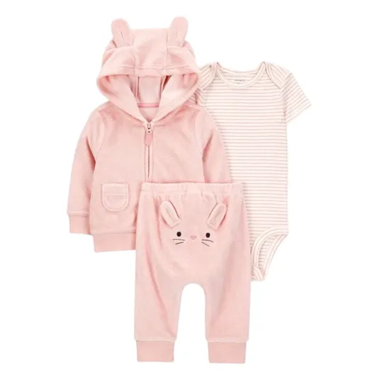 A three-piece baby outfit set featuring a pink hooded jacket with bear ears, matching pink pants with an embroidered face and ears, and a pink-and-white striped short-sleeve bodysuit.