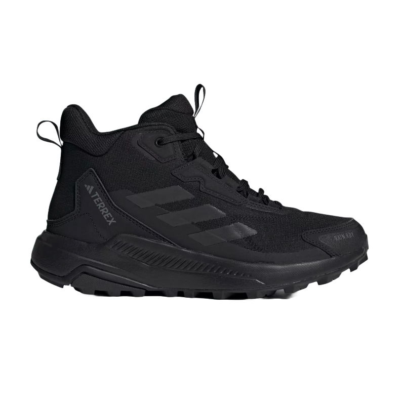 Adidas Terrex Hiking Mid Shoes are black, mid-height sneakers designed for trail use, featuring a rugged sole for grip, textile upper for durability, and signature three-stripe branding.