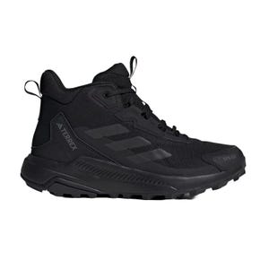 Adidas Terrex Hiking Mid Shoes are black, mid-height sneakers designed for trail use, featuring a rugged sole for grip, textile upper for durability, and signature three-stripe branding.