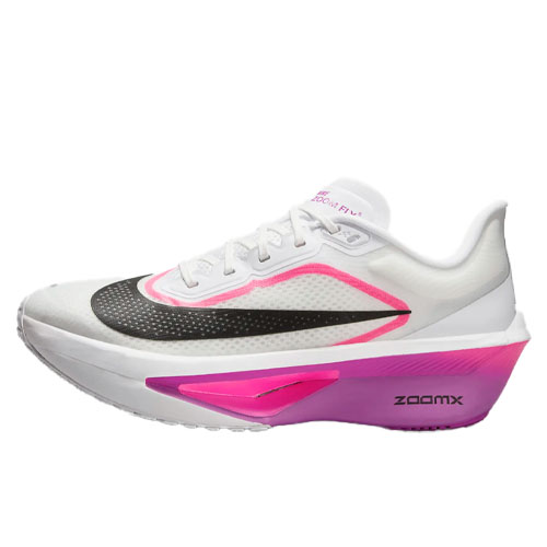 The Nike Zoom Fly 6 is a running shoe featuring a white upper with black and pink accents. It includes a visible ZoomX foam midsole for cushioning, with aerodynamic design elements for enhanced speed and performance.