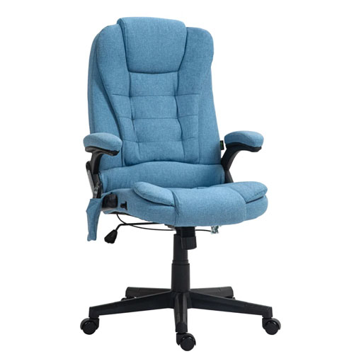 A blue ergonomic office chair with padded armrests, adjustable height, and a swivel base.