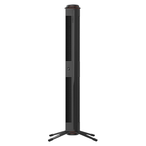 A tall, black tower fan with vented panels and a wide base for stability.