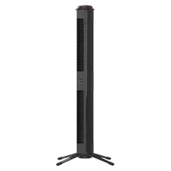 A tall, black tower fan with vented panels and a wide base for stability.