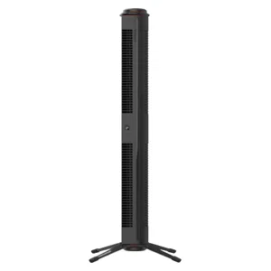 A tall, black tower fan with vented panels and a wide base for stability.