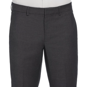 Dark gray Perry Ellis dress pants with a flat front design, belt loops, and a zip fly closure, offering a sleek and classic appearance.