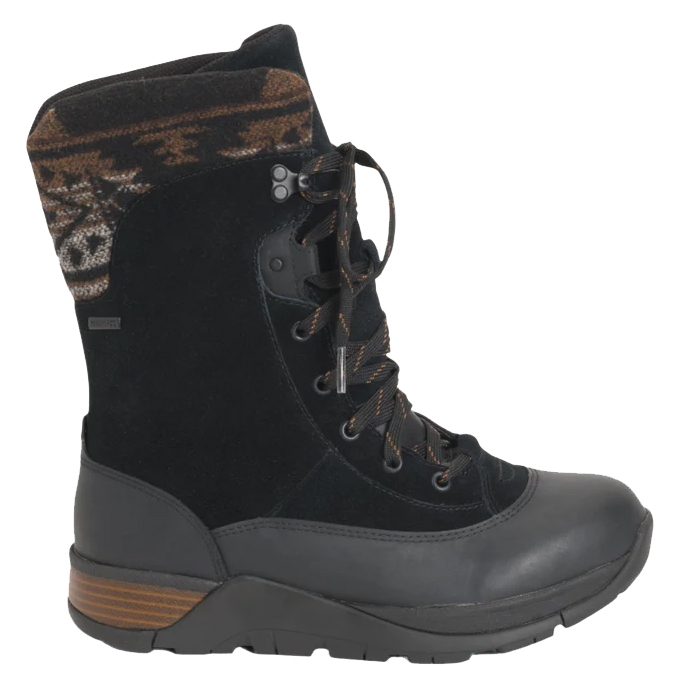 A black lace-up winter boot with a patterned fabric cuff, rugged sole, and rubberized toe for durability.